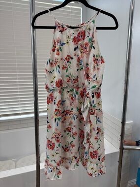 miami White Floral Halter Dress with Red & Green Accents